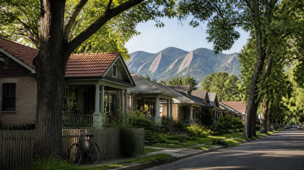 Illustration of an older Boulder street of bungalows with covered porches, old maples and the Flatirons behind
