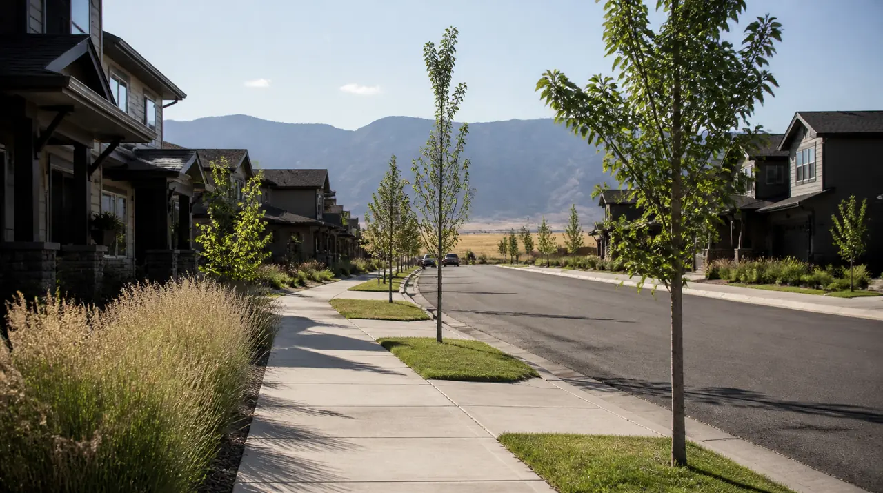 Illustration of a newer Erie, Colorado street with craftsman-style homes, young trees and open prairie at the edge