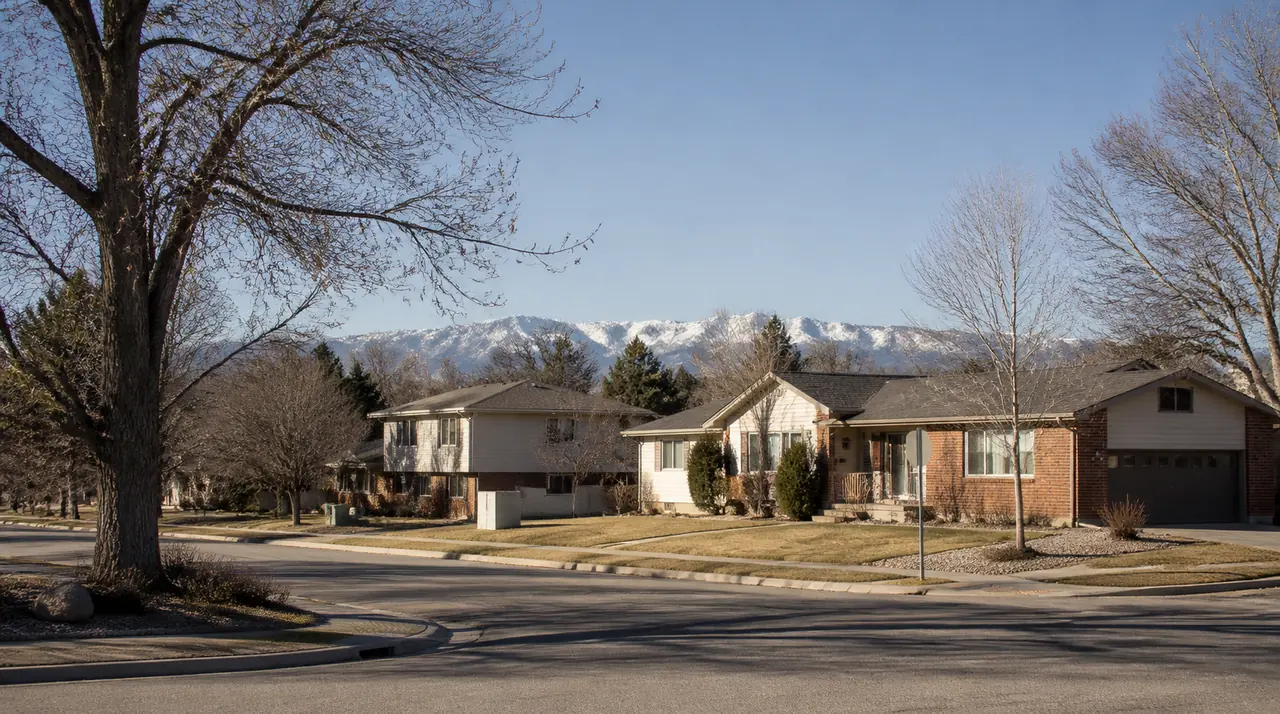 Illustration of a broad Longmont, Colorado residential street with the snow-capped Front Range far behind