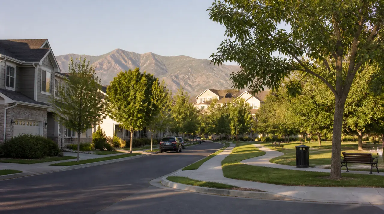 Illustration of a Louisville, Colorado street of two-story homes with stone fronts, mature trees and foothills beyond