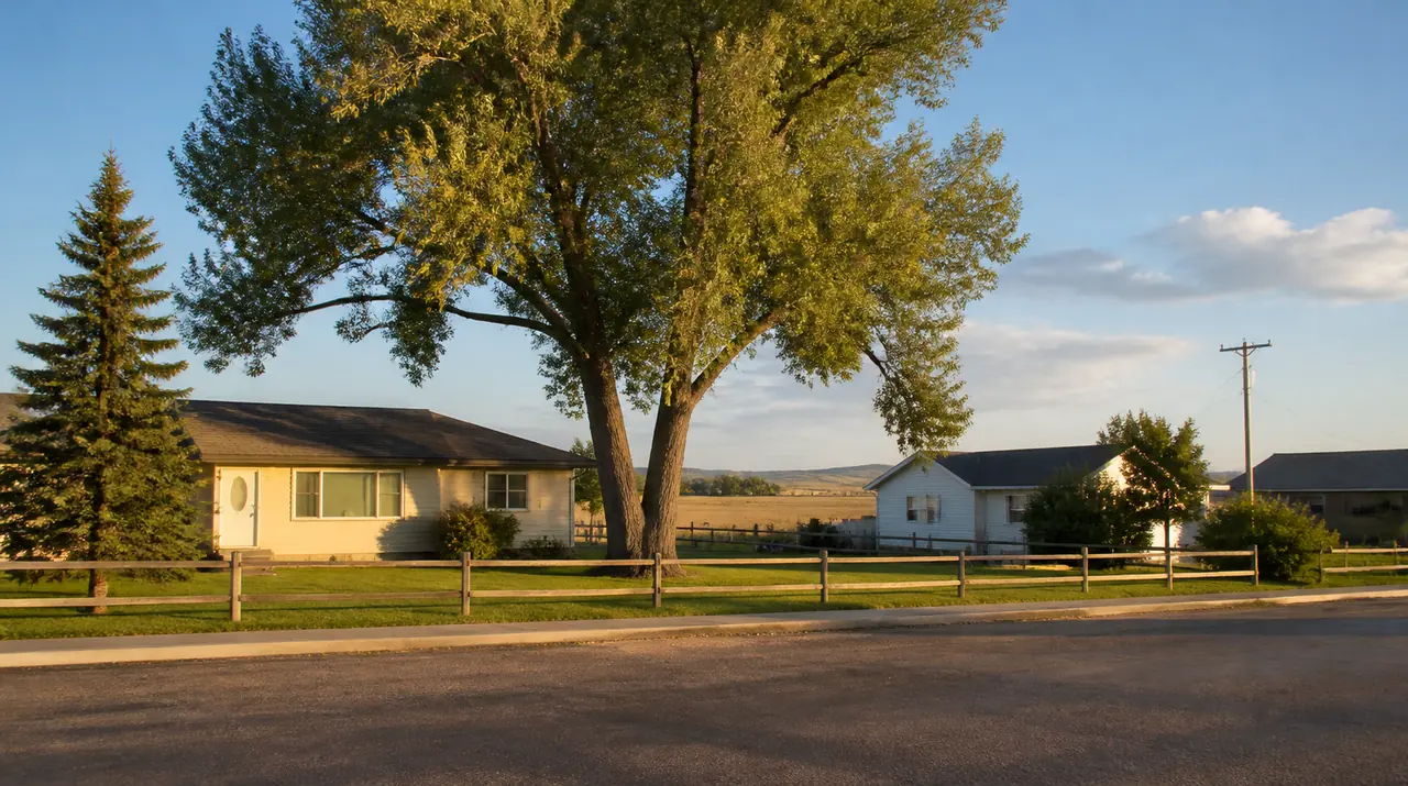 Illustration of a Niwot, Colorado street with low ranch homes, split-rail fencing and a large cottonwood
