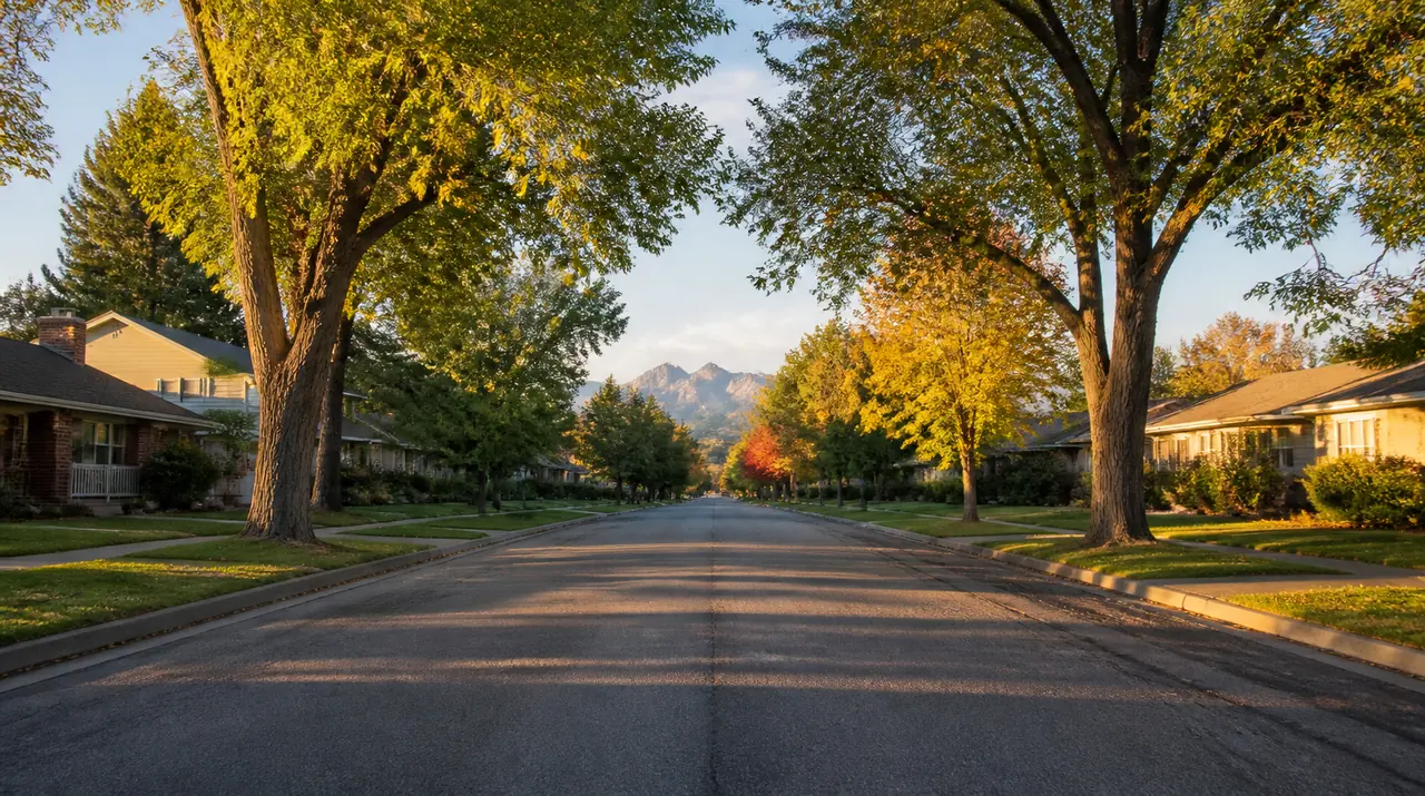 Illustration of a quiet residential street in Lafayette, Colorado at golden hour with the Flatirons far down the road
