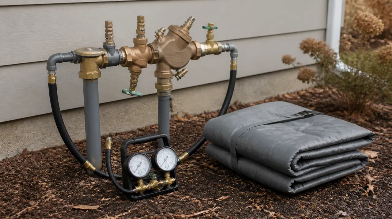 Illustration of a backflow preventer assembly on a lawn irrigation supply line