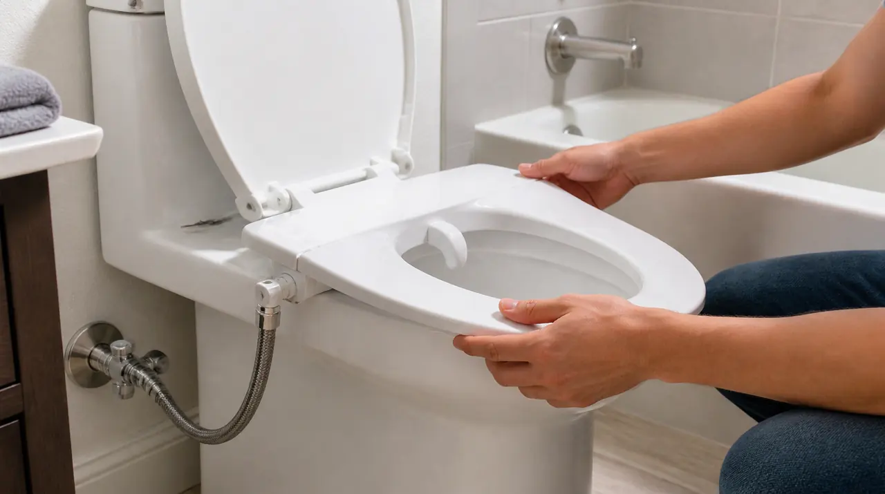 Illustration of a bidet seat being fitted to a toilet with its water supply connection