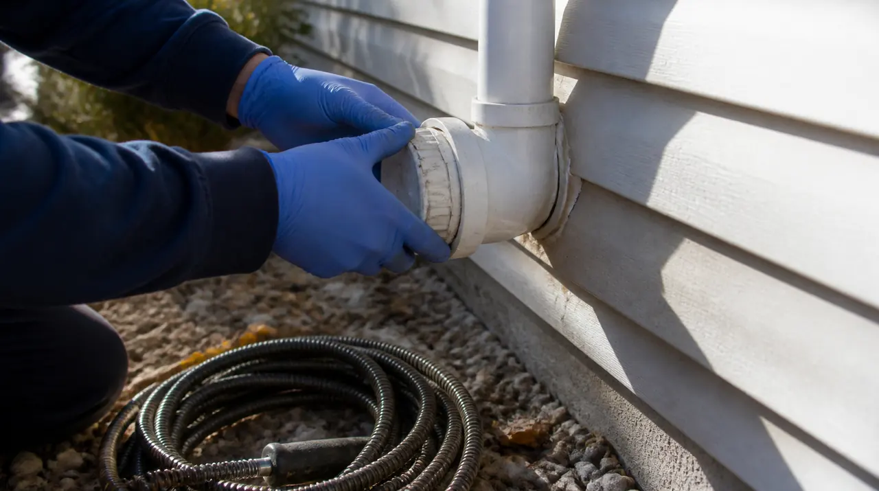 Illustration of gloved hands opening a white PVC cleanout cap on a house wall beside a coil of drain cable