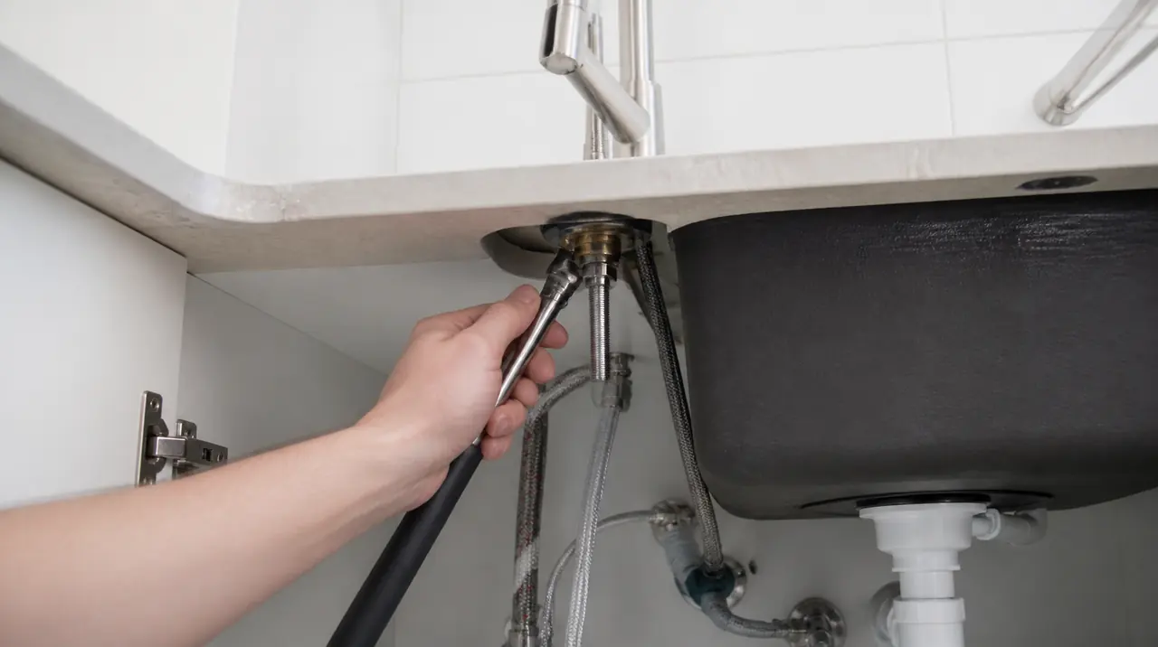 Illustration of a hand installing a kitchen faucet from beneath the sink with a basin wrench