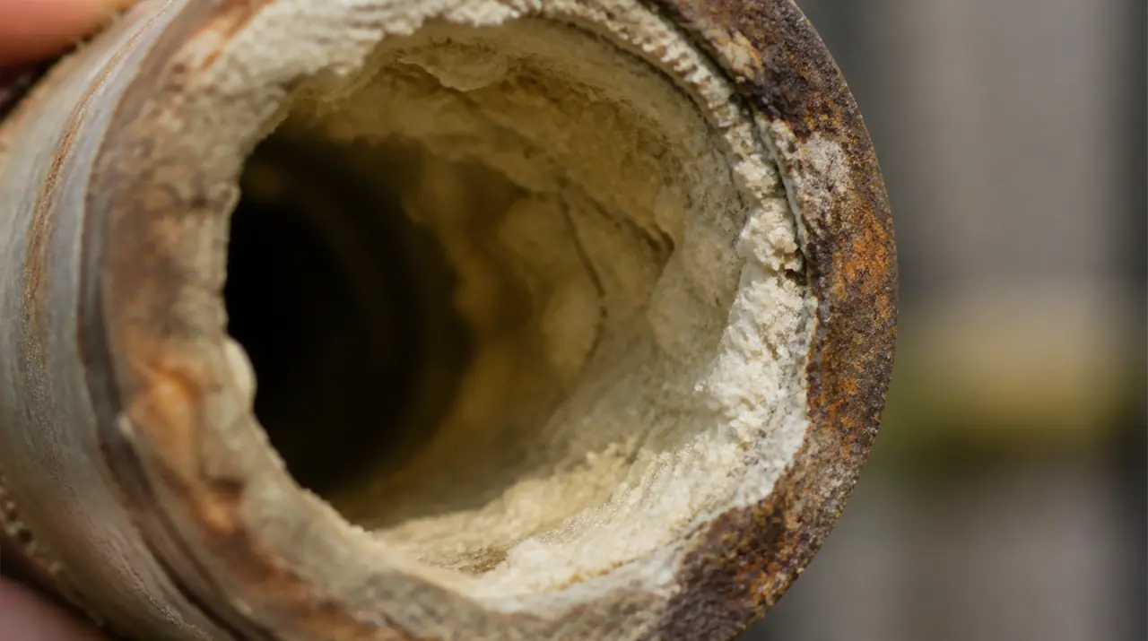 Close-up illustration of white mineral scale inside a copper supply line