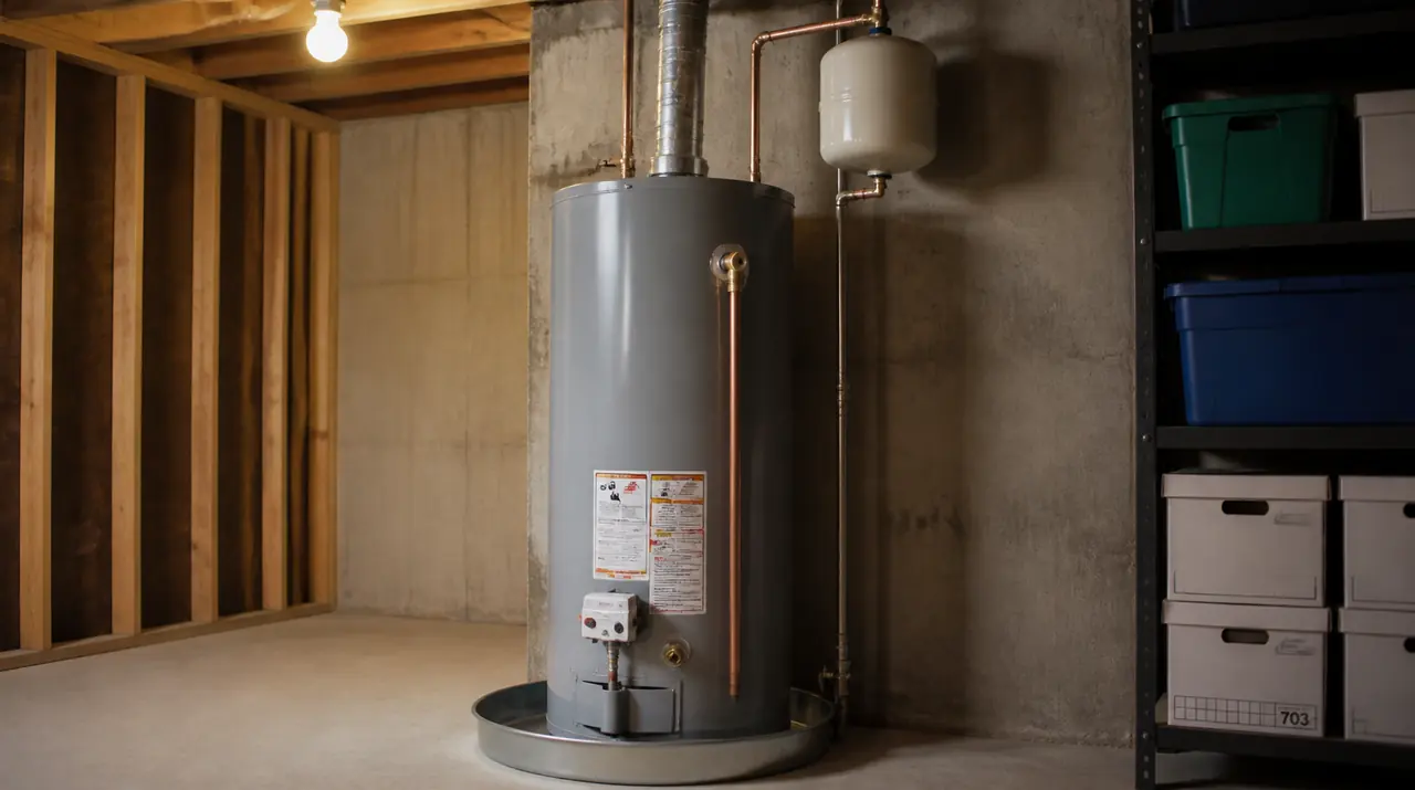 Illustration of a tank water heater in an unfinished basement with a vent pipe, drain pan and expansion tank