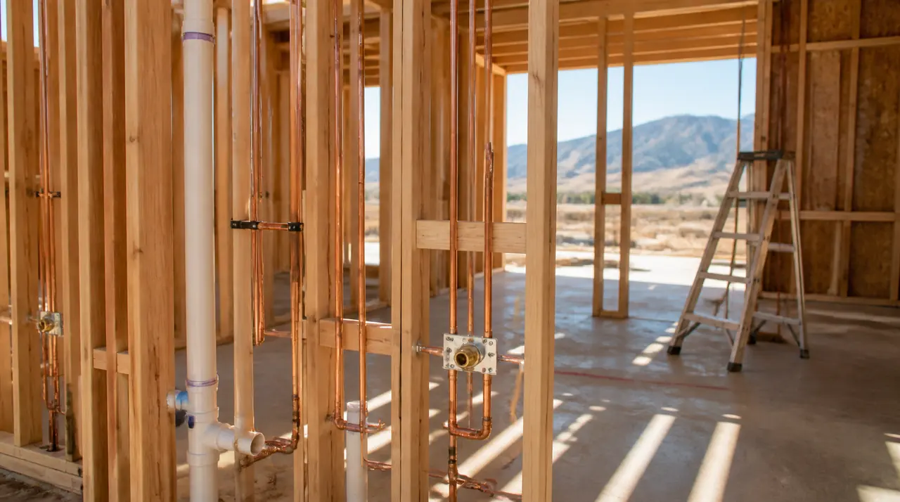 Illustration of rough-in plumbing pipes in the framing of a new house