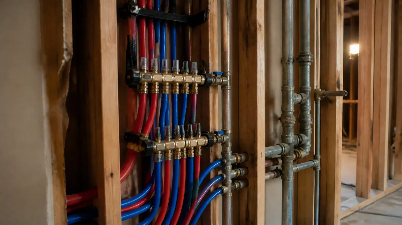 Illustration of new supply piping run through an open wall during a whole-home repipe