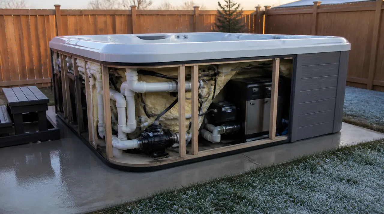 Illustration of the plumbing connections beside a hot tub cabinet