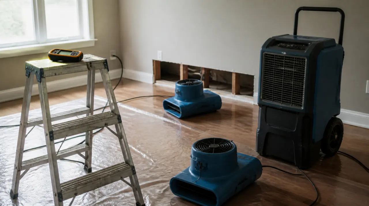 Illustration of drying equipment set up in a room after water damage